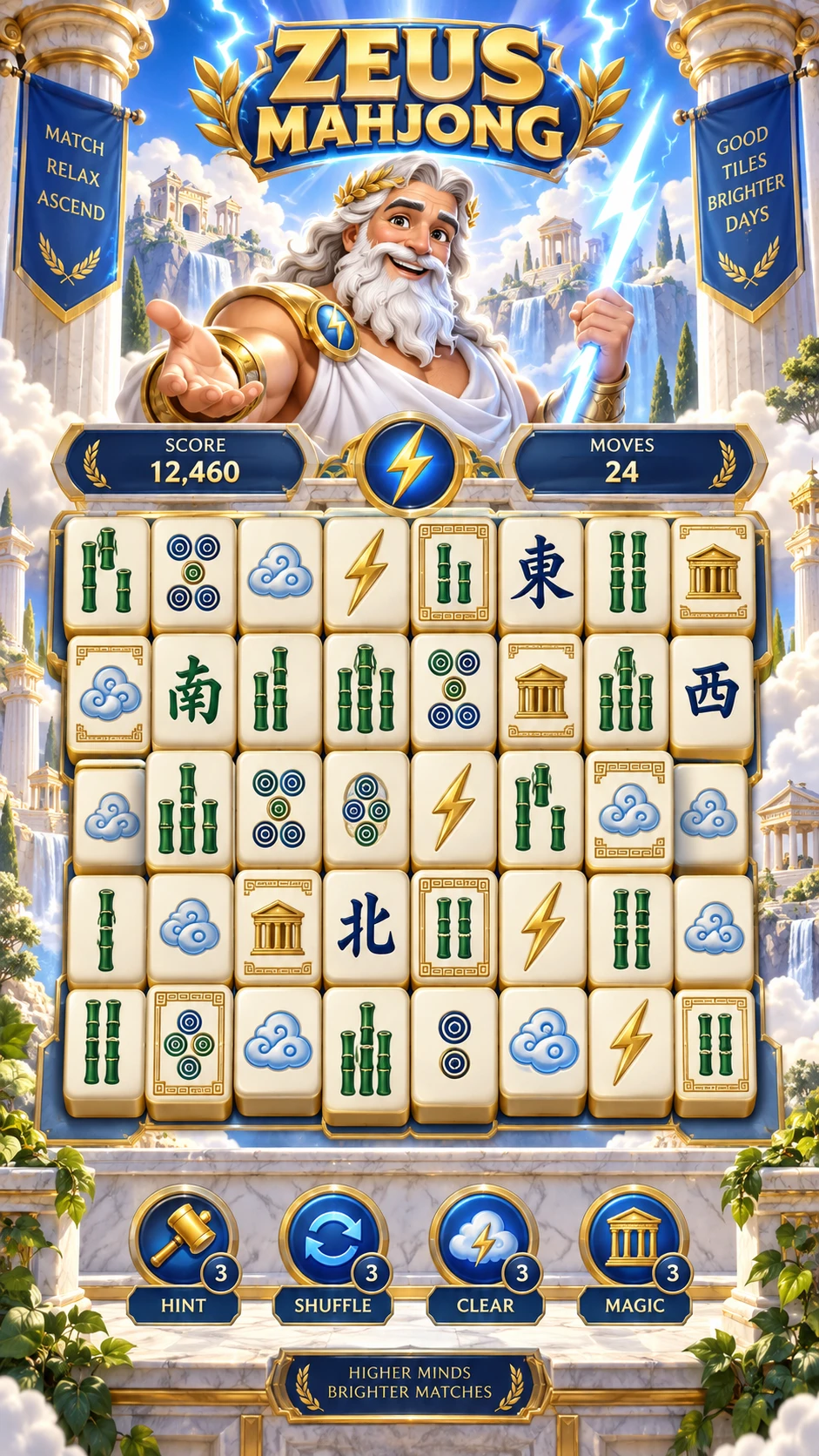 Game Zeus Mahjong dengan Zeus di atas papan berisi keping mahjong bambu, lingkaran, angin, awan, dan kilat.